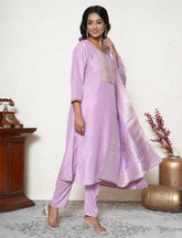 Lavender colour embroidered kurta set with banarasi dupatta.